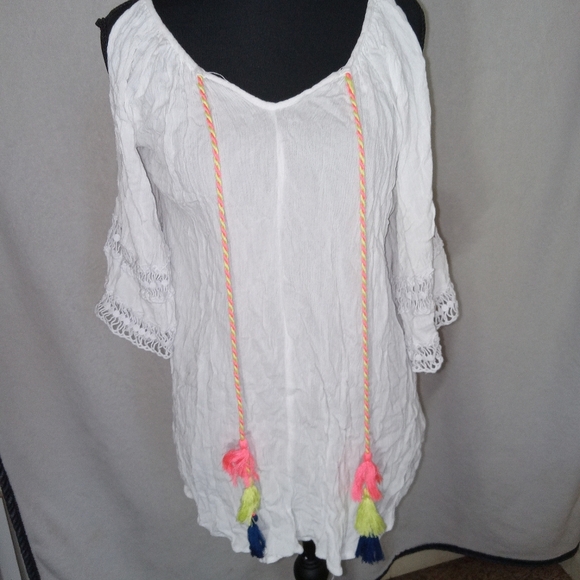 Surf Gypsy Boho Blouse Off Shoulder Blouse with Neon Tassel Accents Sz Large - Picture 7 of 10